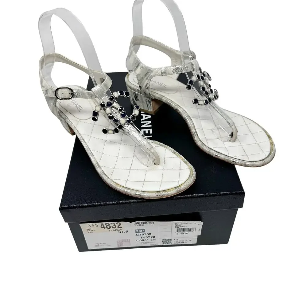 Chanel 20P Silver Laminated Quilted CC Thong Block Heel Sandals 37.5 Box